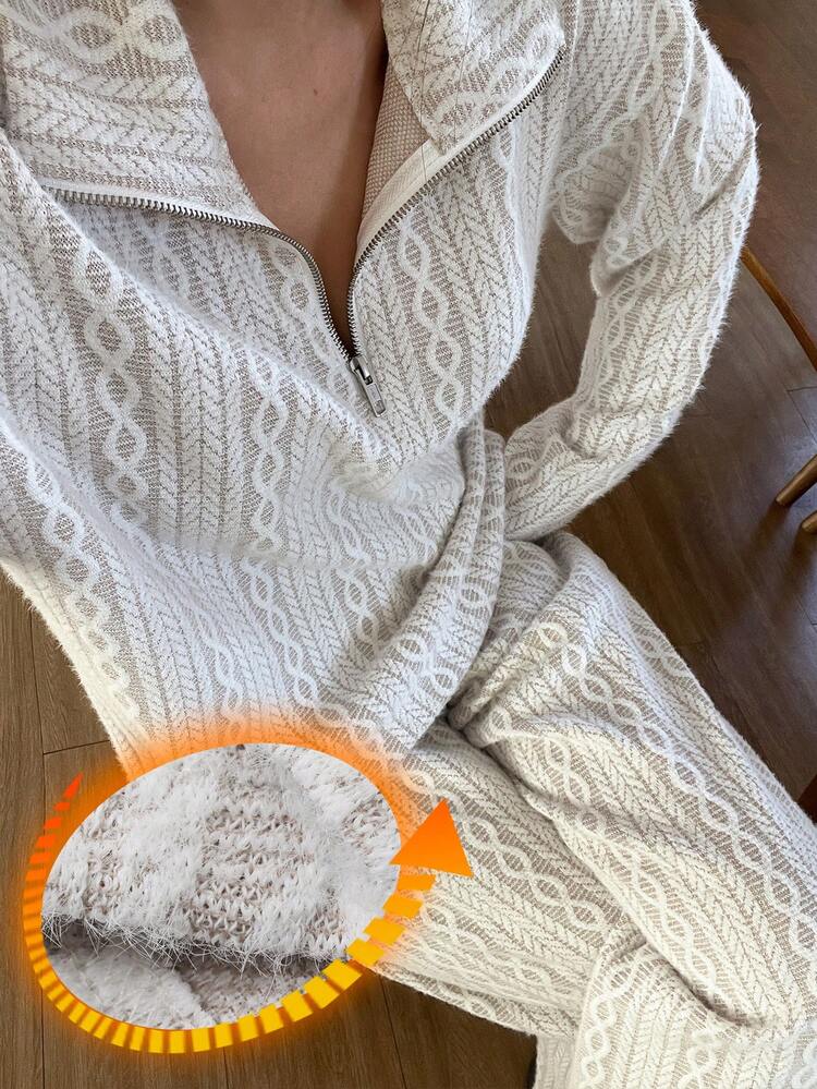 Women's Knitted Jacquard Fuzzy Twist Pattern Loose Fit Loungewear Set, Autumn/Winter