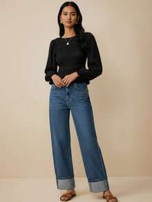 Poéselle 女式纯色圆领休闲百搭长袖上衣 - 黑色 - 查看 9