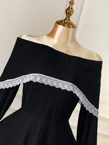 SHEIN LUNE Plus Size Off Shoulder Knitted Ribbed Contrast Lace Dress - Black - View 6