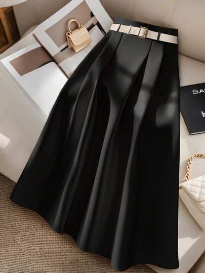 SHEIN CURVE+ 大码女式纯色优雅修身百褶黑色半身裙