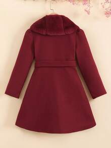 SHEIN Tween Girl Casual Daily Wine Red Lapel Front Double-Breasted Belt A-Line Jacket With Faux Fur Collar Autumn/Winter