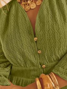 Aralina 蕾丝拼接长袖纽扣荷叶边下摆优雅迷你衬衫裙 - 綠色 - 查看 8