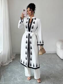 Elenzga Women's Printed Tie-Waist Long Sleeve Loose Casual Regular Cardigan - White - View 5