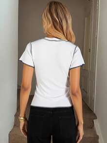 EURMUSE Woman Casual Short Seeve Contrast Stitch Detailed Crop T-Shirt Exposed Seam Round Neck Rib Knitting - White - View 2