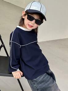 Dazy Kids 男童撞色圆领落肩长袖休闲宽松卫衣 - 藏蓝色 - 查看 4