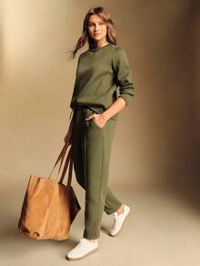 SHEIN PETITE 2 件套女式长袖运动衫和裤子套装，运动衫上衣配抽绳连帽衫，松紧腰裤 - 軍綠色 - 查看 5