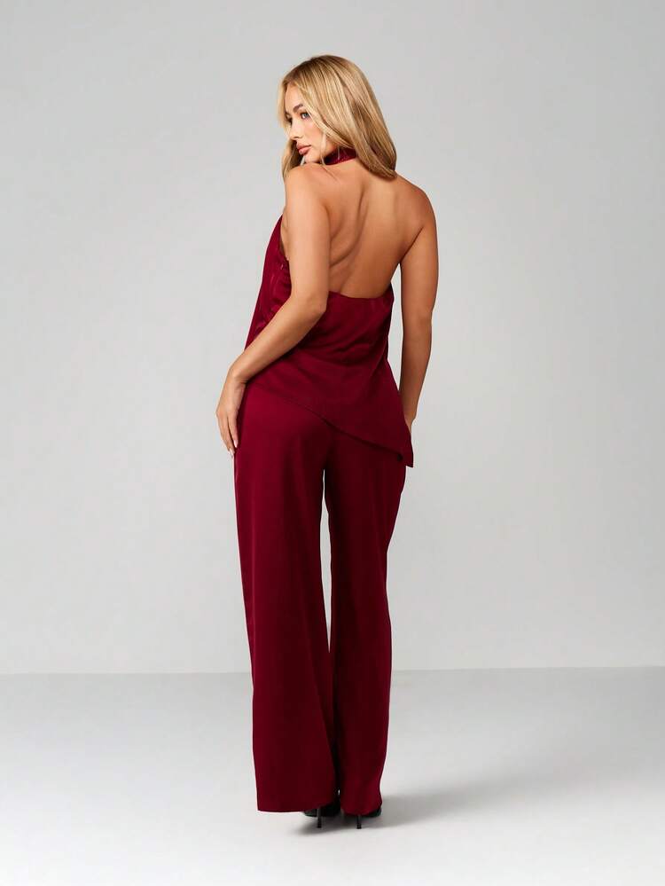 MISSGUIDED Halter Neck Wide Leg Jumpsuit With Cowl Neck Design And Full Length Palazzo Style Pants For Evening Occasions