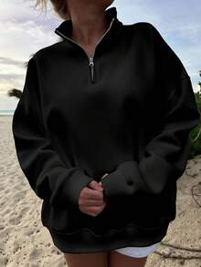 Attitoon Casual Plus Size Women's Floral Print Loose Fit Half-Zip High Neck Lightweight Sweatshirt In Fall/Winter, Zip Up Sweatshirt Women Gothic Tops Dark Academia Clothes Korean Clothes Anime Clothes Women Clothing Anime Women Clothing - Black - View 5