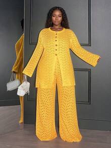 Veslaya Amarillo Mostaza,Otoño,Casual Elegante,Conjunto de 2 Piezas de Punto para Mujer Talla Grande,Conjunto de Cárdigan de Crochet de Manga Larga y Pantalones,Atuendo de Estilo Callejero Occidental - Amarillo - Ver 5