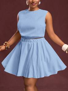 Slaydiva Bộ đồ 2 mảnh màu kaki trơn, ôm sát, không tay và chân váy chữ A, chất liệu vải dệt họa tiết, thoải mái, dành cho nữ cỡ lớn, thích hợp cho kỳ nghỉ xuân/hè. - Màu xanh lam - Xem 3