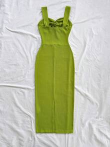 Soleia 女士优雅纯色扭结中长连衣裙，度假装 - 綠色 - 查看 2