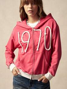 Bohemela Áo hoodie dệt kim họa tiết số chắp vá nhiều màu sắc thông thường dành cho nữ - Màu Đỏ Sâu - Xem 3