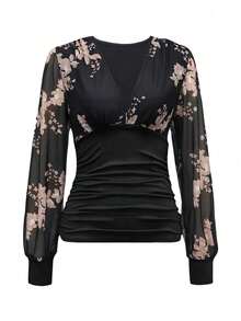 EMERY ROSE 女士刺绣薄纱深V领T恤图案上衣 - 黑色 - 查看 3