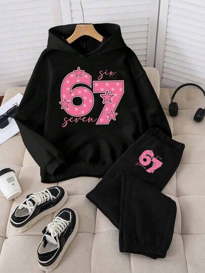 Sparklyn Teen Girls Cozy Fall & Winter Styles Casual Fashion Creative Personalized Fresh Chic Minimalist 67 Pink Star Letter Graphic Print Hoodie And Sweatpants Set, Comfortable Outfit