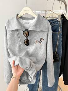 Lyxana Women's Gray Turndown Collar Half Zip Pullover Sweatshirt, New Casual Fleece Jacket - Light Grey - View 1