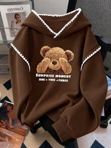 Resyla Women's Sweatshirts/ Casual Retro Hooded Sweatshirts/Cute Teddy Bear Cartoon Prints/Casual Simple And Fashionable Sweatshirts/Fashionable Tops/Funny Sweatshirts/Suitable For Autumn And Winter/Loose Round Neck Long-Sleeved Sweatshirts/Women's Spring Pullovers, Women's Lace Contrast Hooded Sweatshirts, Long-Sleeved Tops, Back-To-School Autumn And Winter Hoodies