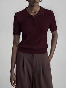 Ontre 2026春夏女式纯色Polo领针织短袖毛衣，都市通勤商务休闲上衣，办公室穿着，优雅派对上衣，适合夏季、情人节等场合 - 中紫紅色 - 查看 6