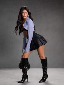 CUCCOO SZL 女士高跟长靴，尖头细跟时尚靴，侧拉链漆皮优雅百搭修身过膝长靴，秋冬款 - 黑色 - 查看 10