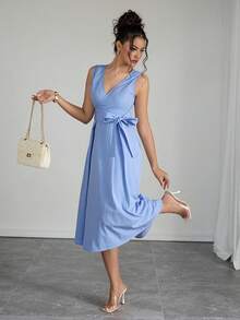 Rafferiza Váy xếp ly cổ chữ V thanh lịch, không tay, họa tiết nhăn, phù hợp đi làm, đi chơi và hẹn hò, mọi mùa - Màu xanh lam - Xem 6