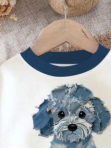 SHEIN 女婴休闲可爱纹理小狗图案柔软厚实圆领长袖运动衫和紧身裤套装，适合秋冬季 - 彩色 - 查看 4