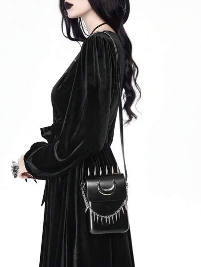 Grunge Punk Gothic Crescent Moon Metal Decor Studded Mini Crossbody Bag, Y2K Punk Black Shoulder Purse For Concert, Night Out & Daily Outfit