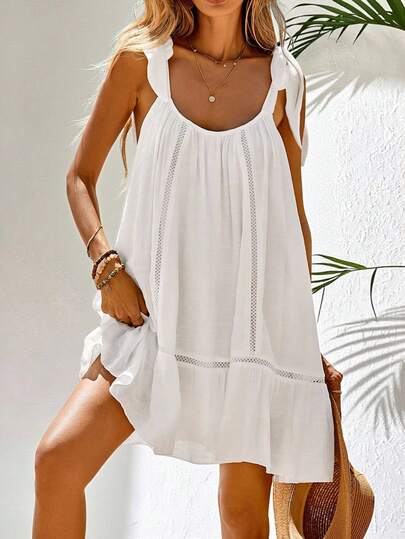 Swim Vcay 女士夏季沙滩蕾丝拼接圆领无袖系带度假罩衫连衣裙