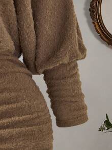 SHEIN LUNE Autumn Women's Fashion Sexy Sheer Long Sleeve Bodycon Casual Street Party Vacation Dress, Off-Shoulder Ladies Bodycon Dress Tan Two Piece Set Two Piece Set Women Comfy Brown Two Piece Set Women Two Piece Lounge Set Comfortable Two Piece Set - Khaki - View 3