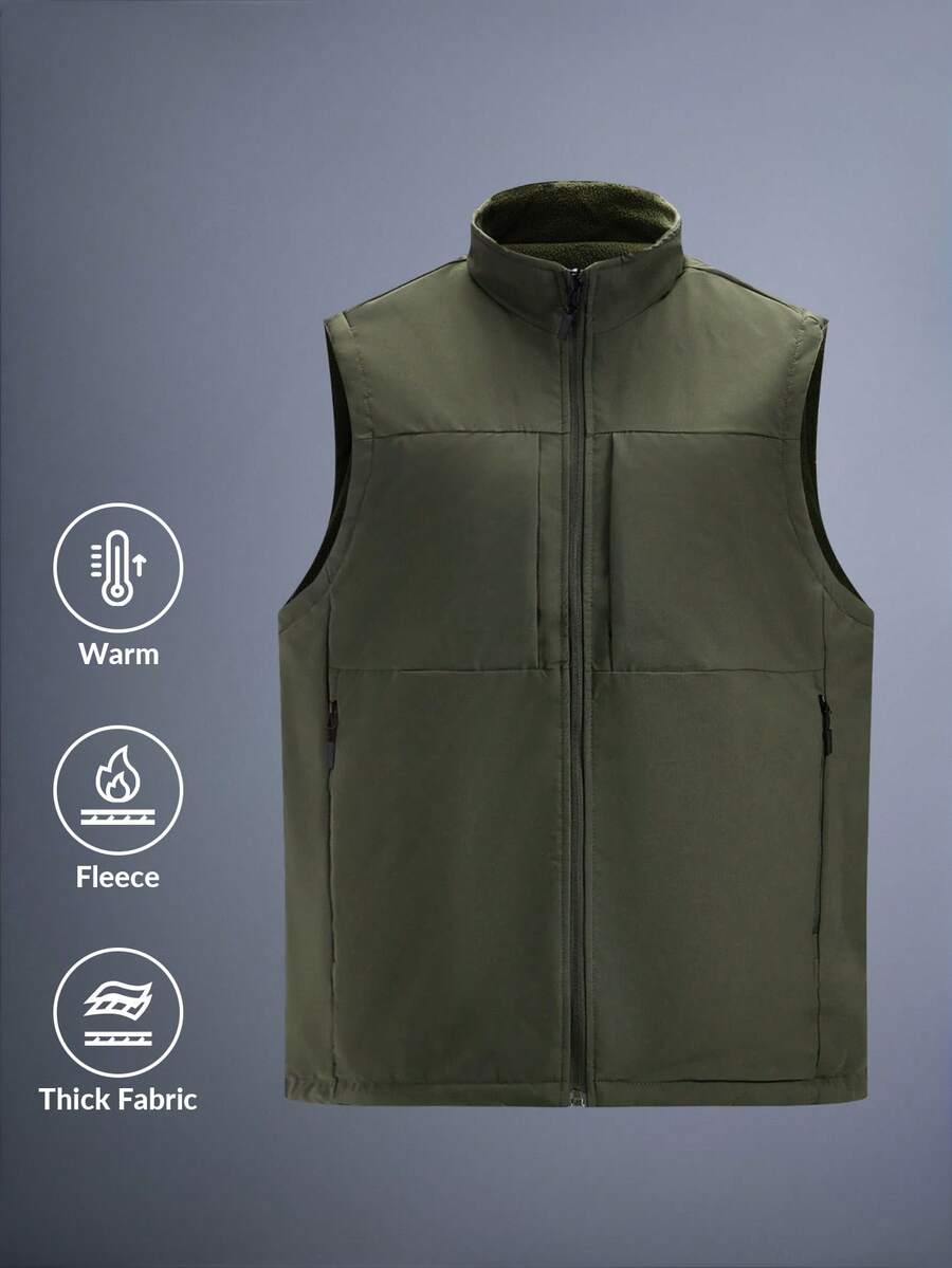 DRIFTMERE 男士冬季加厚羽绒背心，户外运动休闲日常穿着，时尚纯色，春夏户外保暖 - 軍綠色 - 查看 1