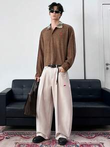 ESTAVOR Men's Casual Contrast Collar Long Sleeve T-Shirt, Autumn/Winter - Brown - View 6