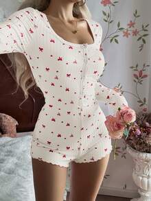 SHEIN 女士半拉链蝴蝶结爱心印花可爱罗纹针织连体裤，休闲舒适长袖