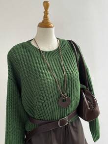 Elamini Áo len dài tay cổ tròn trễ vai màu trơn thường ngày cho nữ, Thu/Đông - màu xanh lá - Xem 3