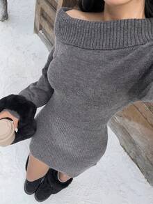 FavEase Women's Sexy Off-Shoulder Solid Color Knitted Dress, Versatile For Autumn/Winter - Grey - View 6
