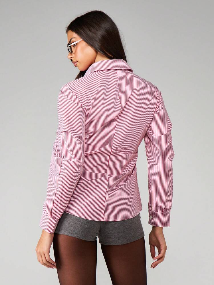 MISSGUIDED Vertical Striped Button Down Collared Blouse With Long Sleeves And Asymmetric Placket Detail