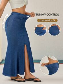 Flexra 女士纯色弹力口袋鱼尾修身牛仔裙 - 深色水洗藍 - 查看 1