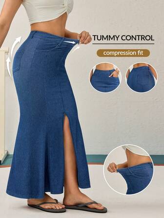 Flexra Damkjol med enfärgad, elastisk ficka och sjöjungfrukant, åtsittande denim