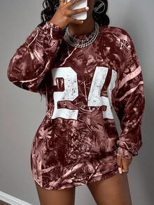 Slaydiva 秋冬新款休闲街头运动风日常约会音乐节圆领长袖落肩超宽松T恤，饰有24片数码枯叶枝条全印花长袖迷你连衣裙，女式大码服装，Y2K风格服装，加大码XXL女装，迷彩印花 - 酒紅色 - 查看 4