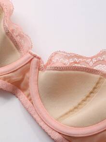 DAZY 蕾丝拼接无钢圈加厚可调节细肩带性感文胸，女士内衣 - 粉色 - 查看 9