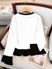 大码女式优雅撞色滚边和仿珍珠装饰长袖 T 恤，适合工作和通勤，春秋季 - 白色 - 查看 2