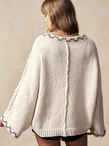 Bohemela Boho Autumn/Winter Women's Vintage Floral Embroidery Hollow Out V Neck Long Sleeve Loose Knit Sweater, Western Country Style Concert Party, Suitable For Beach Vacation & Daily Wear & Back To School & Going Outs, New Year Clothes, Valentines Clothes, 2000s Clothes, Summer Holiday Outfits, Beach Outfit, Winter/Spring