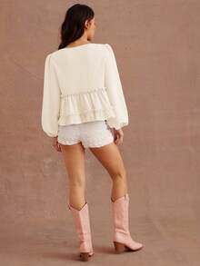 WESTFADE Mixed Media Knit & Woven V Neck Babydoll Long Sleeve Top Fall, Autumn, Winter, Casual, Cute, Boho - White - View 4