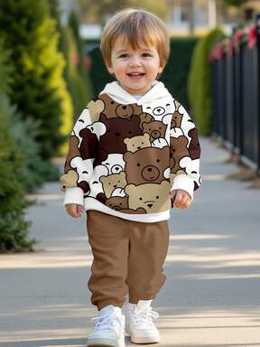 طقم هوديي مريح وفضفاض من الأطفال الرضع، مناسب للخريف/الشتاء، بطبعة الدب الكلاسيكية