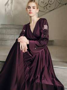 Anewsta Damen Herbst/Winter Neu Langarm Besticktes Elegantes Kleid, Burgunderrot & Kaffeefarben, Geeignet für formelle Anlässe, Weihnachtsparty