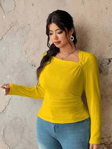 Flirla 大码女式纯色罗纹斜领褶裥长袖T恤，修身休闲上衣，适合叠穿 - 黃色 - 查看 6