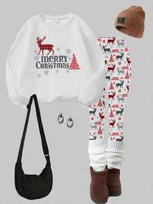 Christmas Reindeer Print Thermal Lined Crew Neck Sweatshirt + Leggings Set For Tween Girls Fashionable & Versatile For Casual Wear, Autumn & Winter - Multicolor - View 3