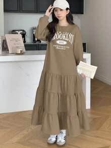 فستان بنات مراهقات كاجوال فضفاض بياقة مستديرة وأكتاف منسدلة، مبطن حراريًا مع حافة مطوية، مناسب للعودة إلى المدرسة في فصلي الخريف والشتاء، فستان بنات طويل