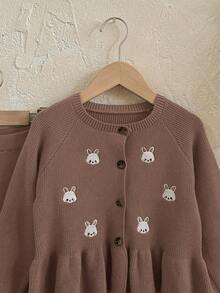 SHEIN Young Girl Cartoon Pattern Crew Neck Long Sleeve Pullover Top And Elastic Waist Pants 2-Piece Set, Girls Rabbit Sweater Set, Girls Cardigan Set, Girls Autumn/Winter Knit Set, Girls Ribbed 2-Piece Set, Girls Knit Cardigan Set, Girls Autumn Outfit, Young GirlWinter Outfit, Brown Girls Knit Set, Girls Rabbit Pattern Set - Mocha Brown - View 7