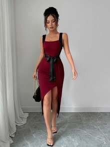 Rafferiza 不对称修身蝴蝶结通勤简约风格连衣裙，女士，春夏款 - 酒紅色 - 查看 3