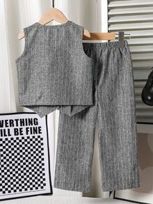 Elladie kids Young Girls Casual Woven Striped Sleeveless Vest And Loose Fit Pants Suit Set - Grey - View 2