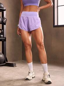 Powerista 夏季高腰纯色二合一运动短裤慢跑短裤舒适短款毛衣短裤 - 淡紫色 - 查看 5