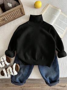 SHEIN 1 pieza Suéter de cuello alto versátil, cómodo y de unicolor para niños pequeños, adecuado como capa base o prenda exterior - Negro - Ver 4